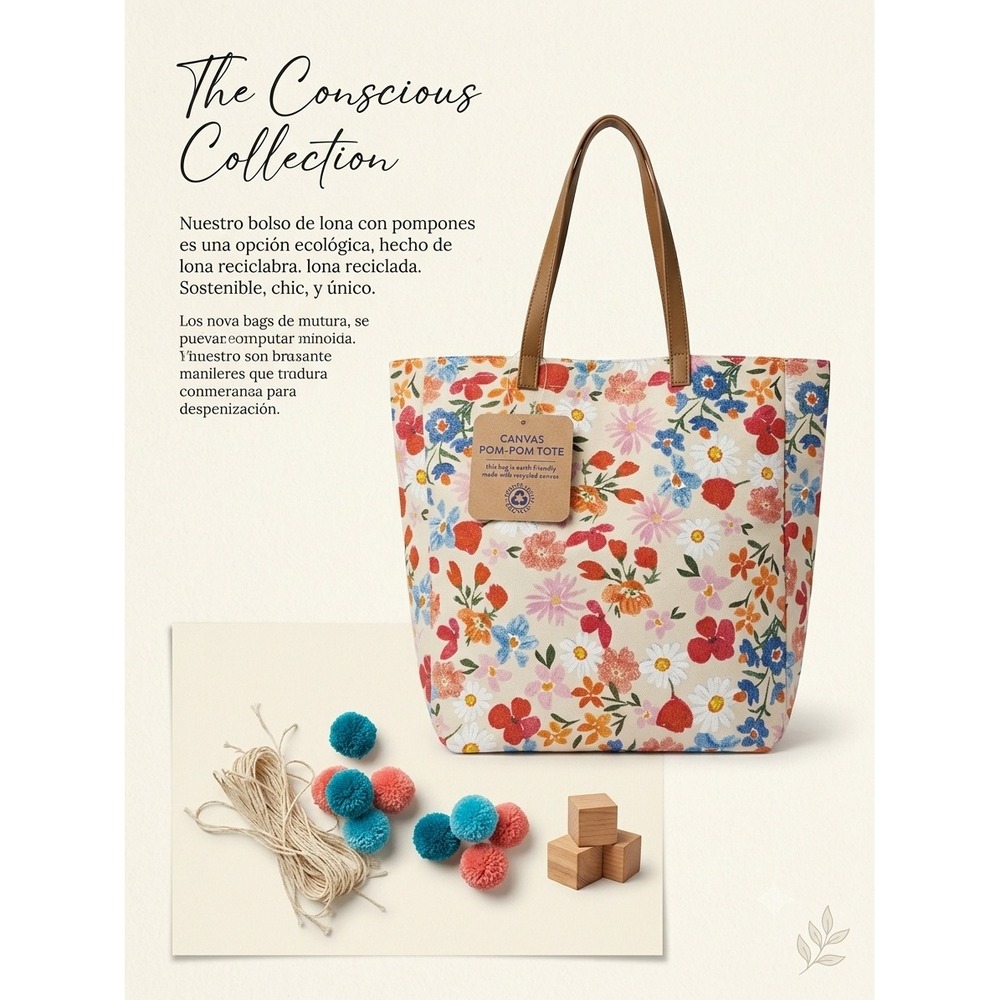 Corinne Haig Designs Recycled Canvas Floral Pom-Pom Tote Bag Multi-Color NWT